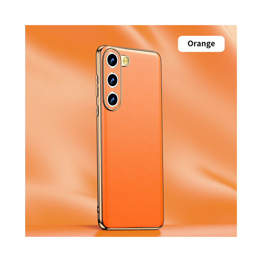 ( (1), For Galaxy S24) Genuine Cowhide Leather Phone Case For Samsung Gal Orange 931287628208