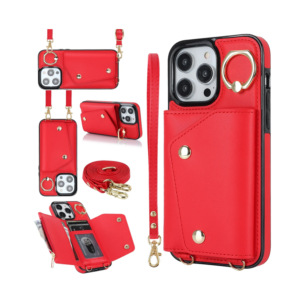 (, Iphone 15) Crossbody Lanyard Wrist Strap Rring Card Holder Le Red 931287606138
