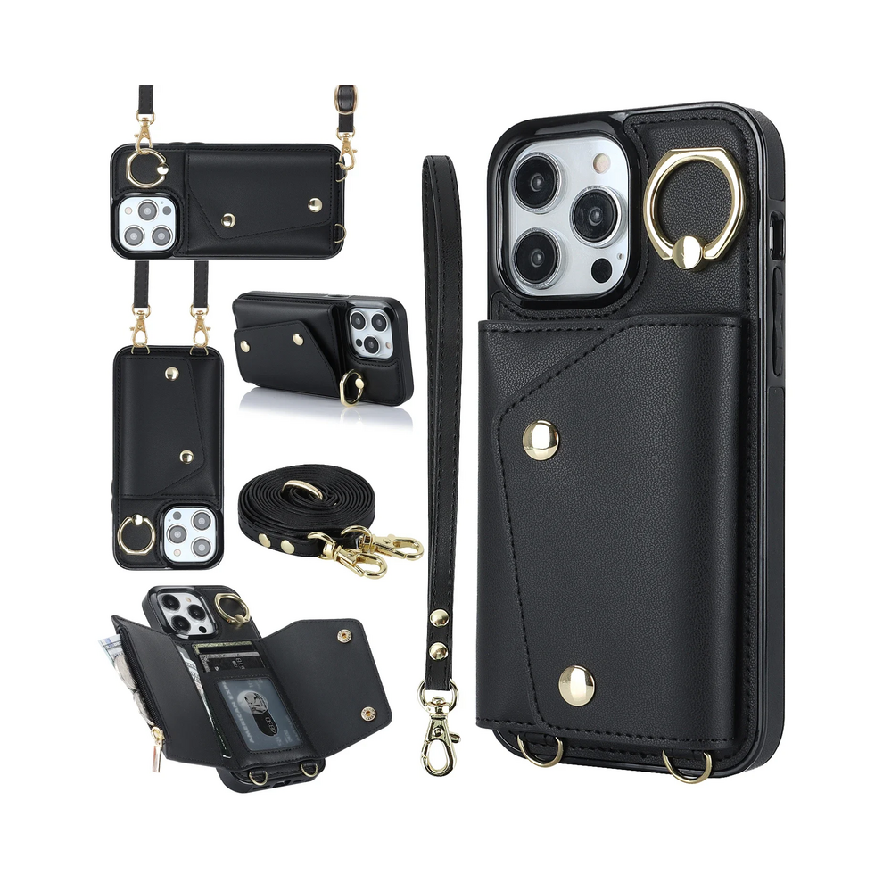 (, Iphone 15) Crossbody Lanyard Wrist Strap Rring Card Holder Le Black 931287606176