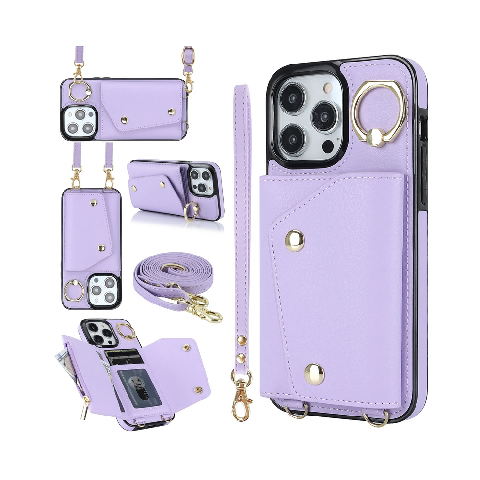 (, Iphone 15 Pro) Crossbody Lanyard Wrist Strap Rring Card Holder Le Purple 931287606206