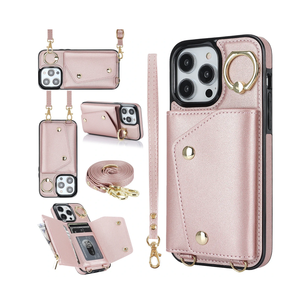 (, Iphone 14 Pro) Crossbody Lanyard Wrist Strap Rring Card Holder Le Pink 931287606299
