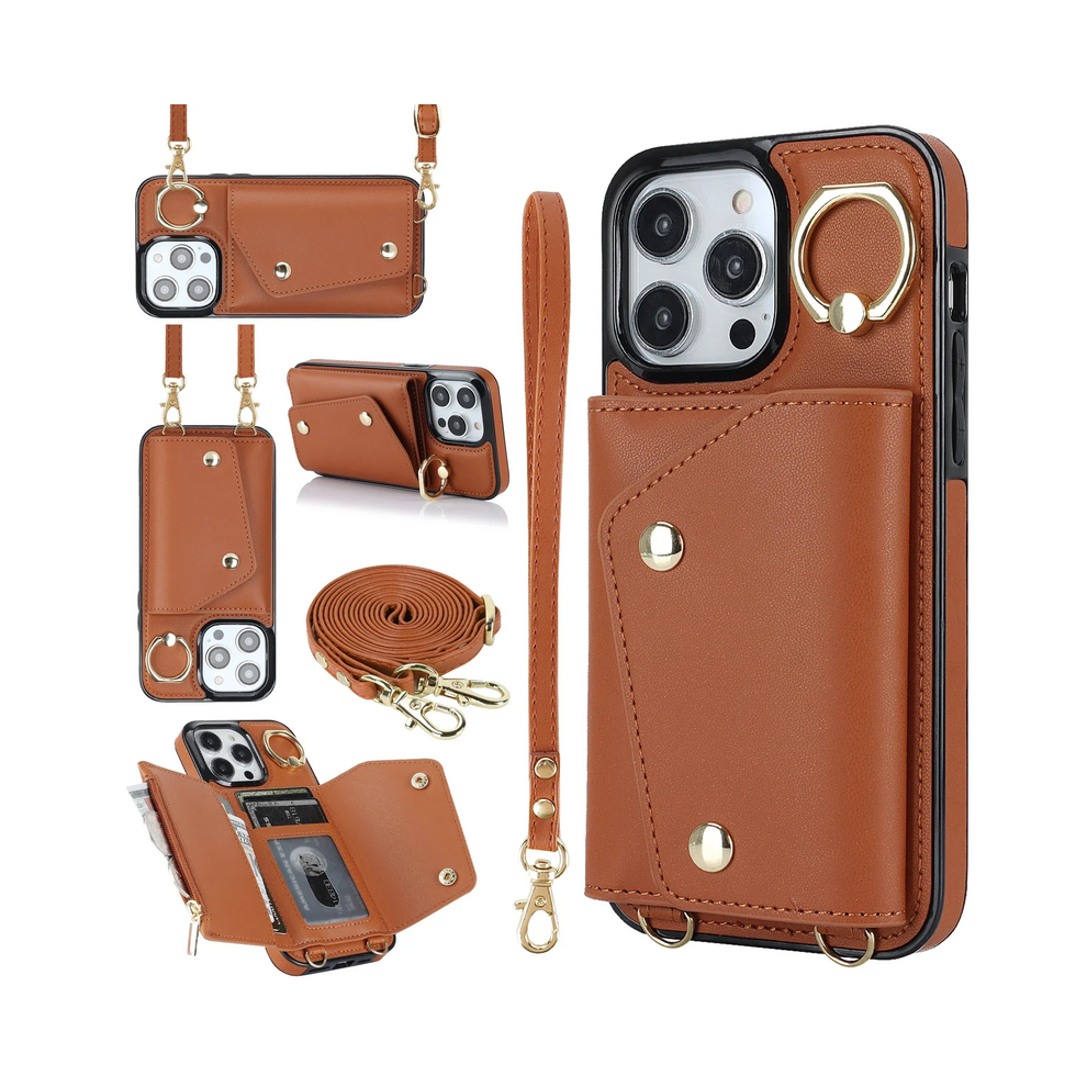 (, Iphone 14 Pro) Crossbody Lanyard Wrist Strap Rring Card Holder Le Brown 931287606305