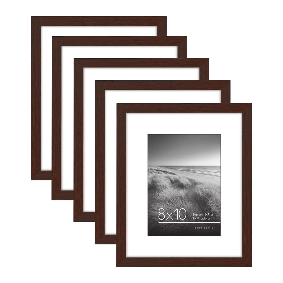 Americanflat 8X10 Picture Frame In Mahogany - Set Of 5 Frames - Displays 5X7 With Mat And 8X10 Without Mat - With Plexiglass Cover Sawtooth Hanging H Brown