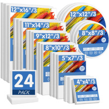 FIXSMITH - Paquete de 24 lienzos estirados (3 de cada uno): 4 x 4, 5 x 7, 8 x 10, 9 x 12, 11 x 14, 12 x 16, lienzo redondo de 12 x 12 y 8 x 8 pul