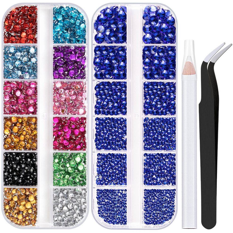 Belleboost Two Packs Of Flatback Rhinestones 4520 Pcs Colorful Nail Art Rhinestones Flatback Crystal Colorfulroyal Blue Rhinestone With Picker Pencil And Tweezer