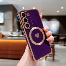 (Dark purple, For Samsung S21 FE) Love Heart Plating Magnetic Phone Case For Samsung