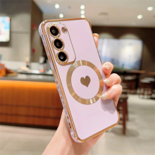 (Light purple, For Samsung S21 Plus) Love Heart Plating Magnetic Phone Case For Samsung