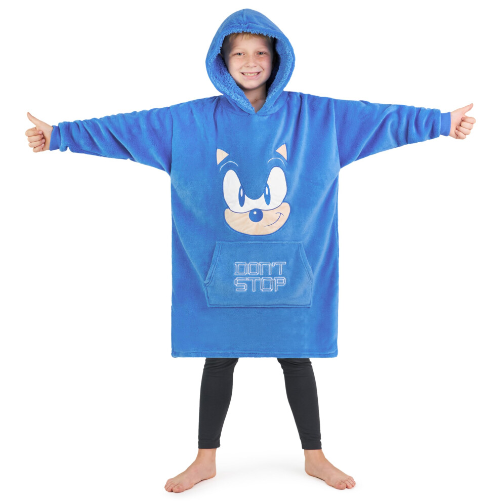 Sonic The Hedgehog Fleece Hoodie Blanket for Boys and Teenagers Oversized Fleece Poncho One Size Gaming Gifts for Boys Blue