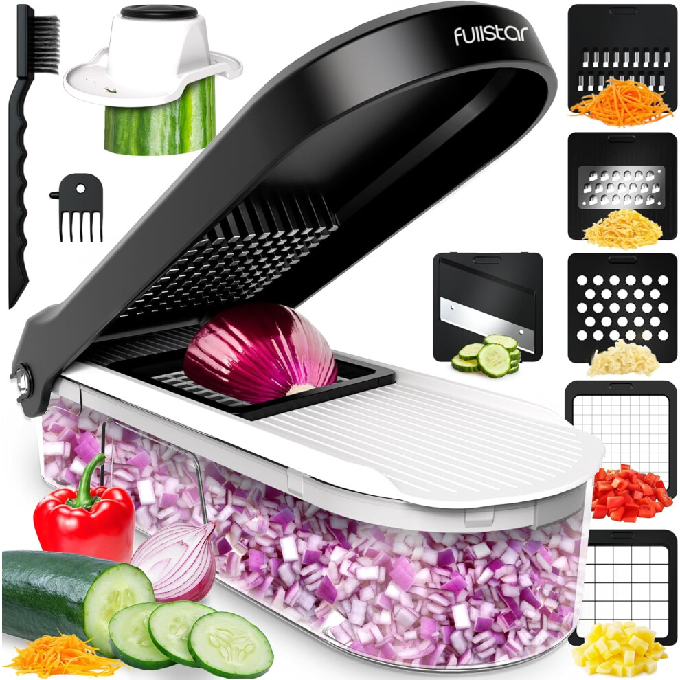 Vegetable Chopper Cutter Mandoline Slicer Cheese Grater Food Onion Veggie Chopper Container French Fry Kitchen Tools Gadgets (6-in-1 Compact White)