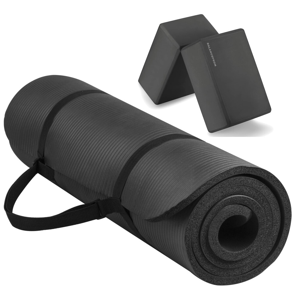 BalanceFrom All-Purpose 1/2-Inch Extra Thick High Density Anti-Tear Exercise Yoga Mat with Carrying Strap and Yoga Blocks Black