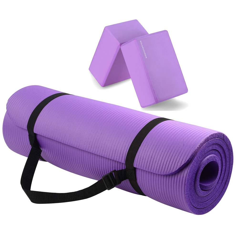 BalanceFrom All-Purpose 1/2-Inch Extra Thick High Density Anti-Tear Exercise Yoga Mat with Carrying Strap and Yoga Blocks