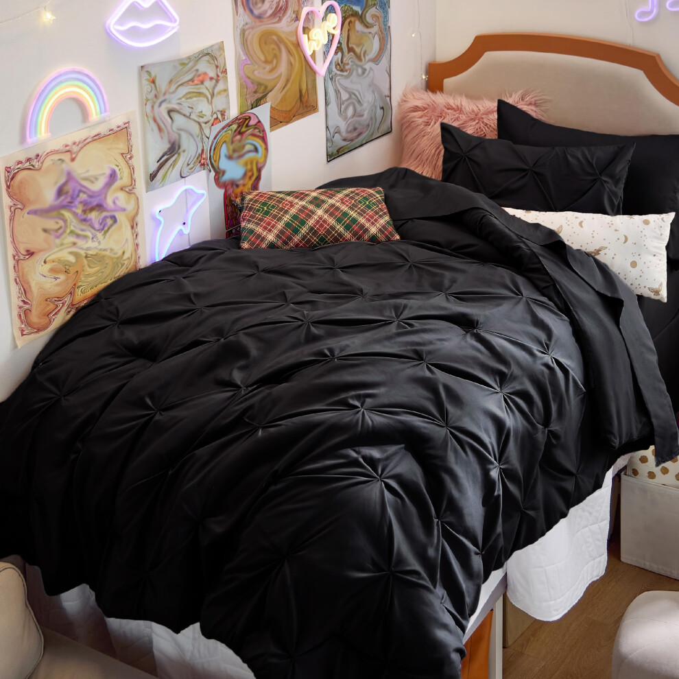 Parure de lit Bedsure Twin XL - Parure de lit extra longue 5 pi   ces pour dortoir - Lit noir dans un sac avec couettes, draps, taie d'oreiller et