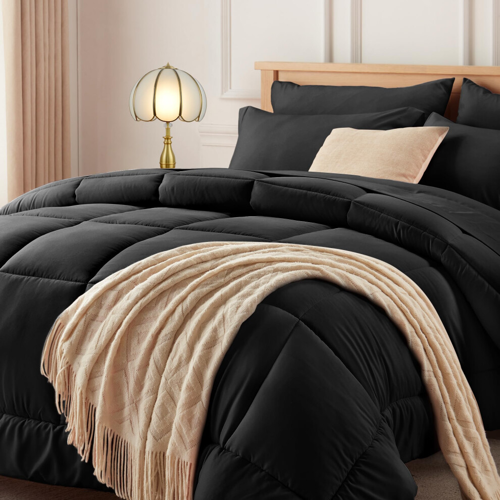 Newspin Parure de lit compl   te 7 pi   ces noire ultra douce, drap plat, taies d'oreiller et taies d'oreiller, toutes saisons