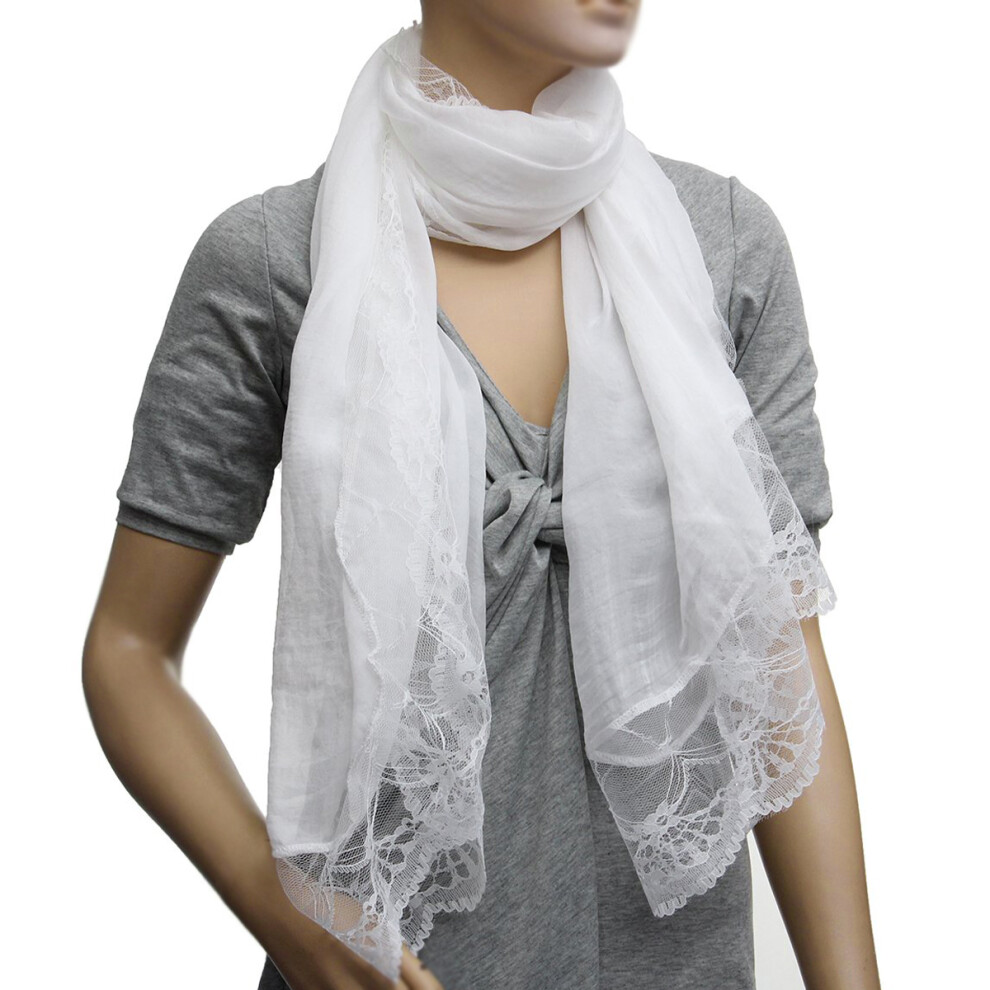 Foulard en mousseline de soie et dentelle pour femme, blanc