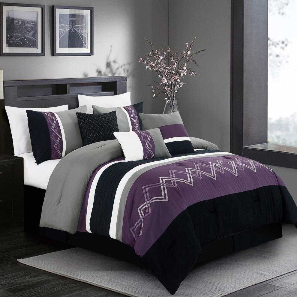 Parure de lit 7 pi   ces de la collection Chezmoi Arden, avec couette moderne     rayures pliss   es et broderies en zigzag (violet/noir/gris/blanc)