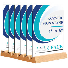 DunGu 4 x 6 Acrylic Sign Holder - Plastic Picture Frames with Wooden Base 6Pack Vertical Double Sided Table Menu Holder Clear Display Stand for Offi