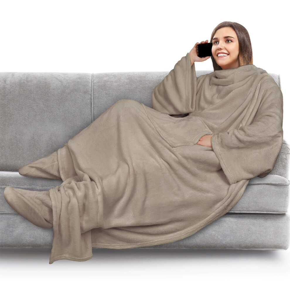 Pavilia Coperta In Pile Con Maniche E Tasche Per I Piedi, Per Donne, Uomini E Adulti, Coperta Indossabile Con Maniche, Coperta Avvolgente In Peluche, Comoda Idea Regalo Per Moglie E Mamma, Colore:-image