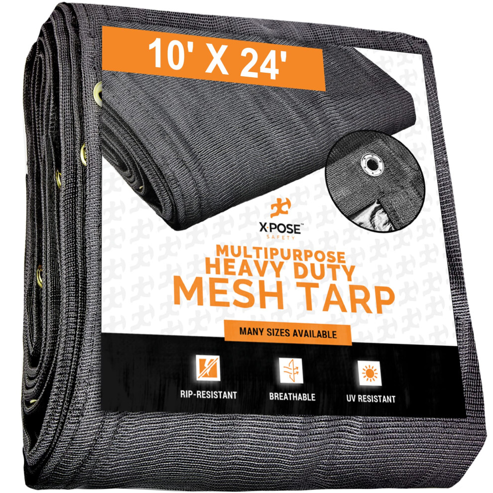 Xpose Safety Heavy Duty Mesh Tarp 10 x 24 - Multipurpose Black Protective cover with Air Flow - Use for Tie Downs  Shade  Fences  canopies  Dump Truck-image-OPC-PFM6M6Y-NEW