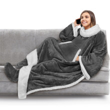 PAVILIA Sherpa Fleece Blanket with Sleeves, Foot Pocket for Adults, Thick Wearable Throw Wrap