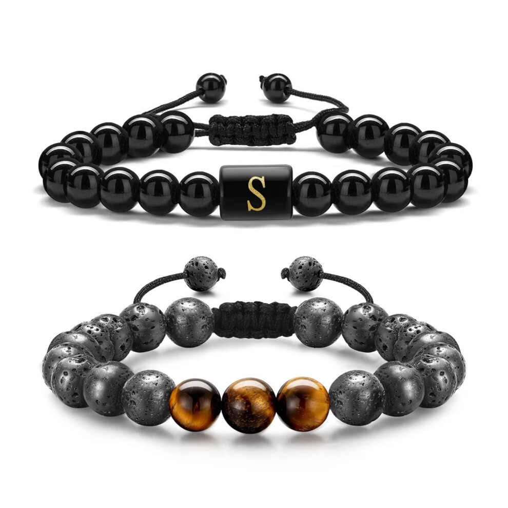 STORUP Mens Bracelet Gifts for Boyfriend  Initial Tiger Eye Obsidian Beaded Bracelets Personalized Bracelets Birthday Jewelry Gifts for Men S