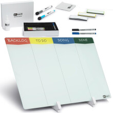 Pizarra blanca de escritorio pmxboard Kanban de vidrio de doble cara con soporte. Superficie de borrado en seco de 45 x 28 cm. Incluye 24 tarjeta