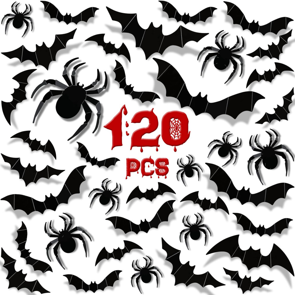 Labeol 120Pcs Halloween Bats Wall Decor Halloween Bats Spider Stickers Wall Decals Realistic 7 Size & 4 Design 3D Scary Bats Decoration For Indoor Home Wall