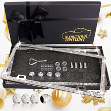 Mayehay mousserende bling nummerplade rammer til kvinder 2 pakke rustfrit stål bil nummerplade beslag hvid diamant rhinestone bil tag holder fant