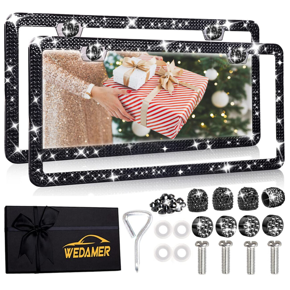 Wedamer 2 Pack Bling License Plate Frames For Women Rhinestone License Plate Frame Diamond License Plate Frame Sparkly License Plate Frame Black 632230673497