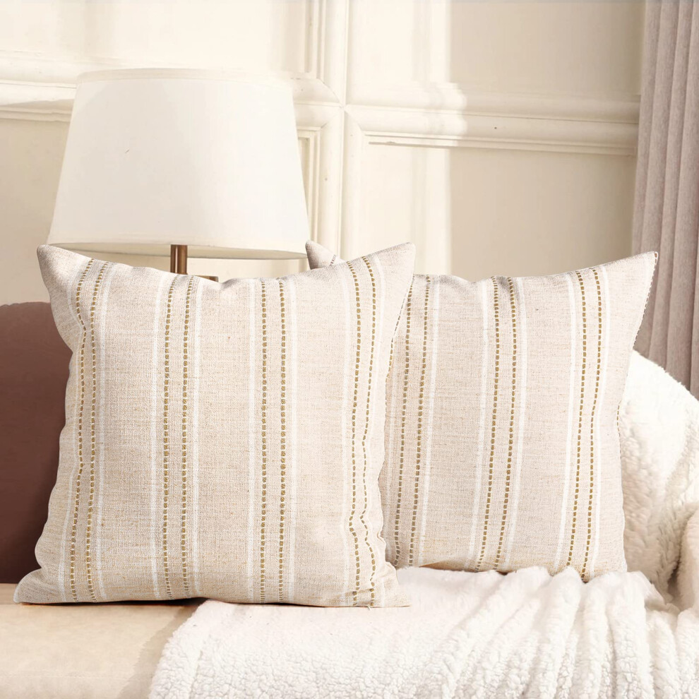 Aels Beige/White/Brown 18X18 Decorative Farmhouse Linen Throw Pillow Covers Boho Textured Pillow Case Set Of 2 With & Stitch Yarn Dyed Stripe Cushi
