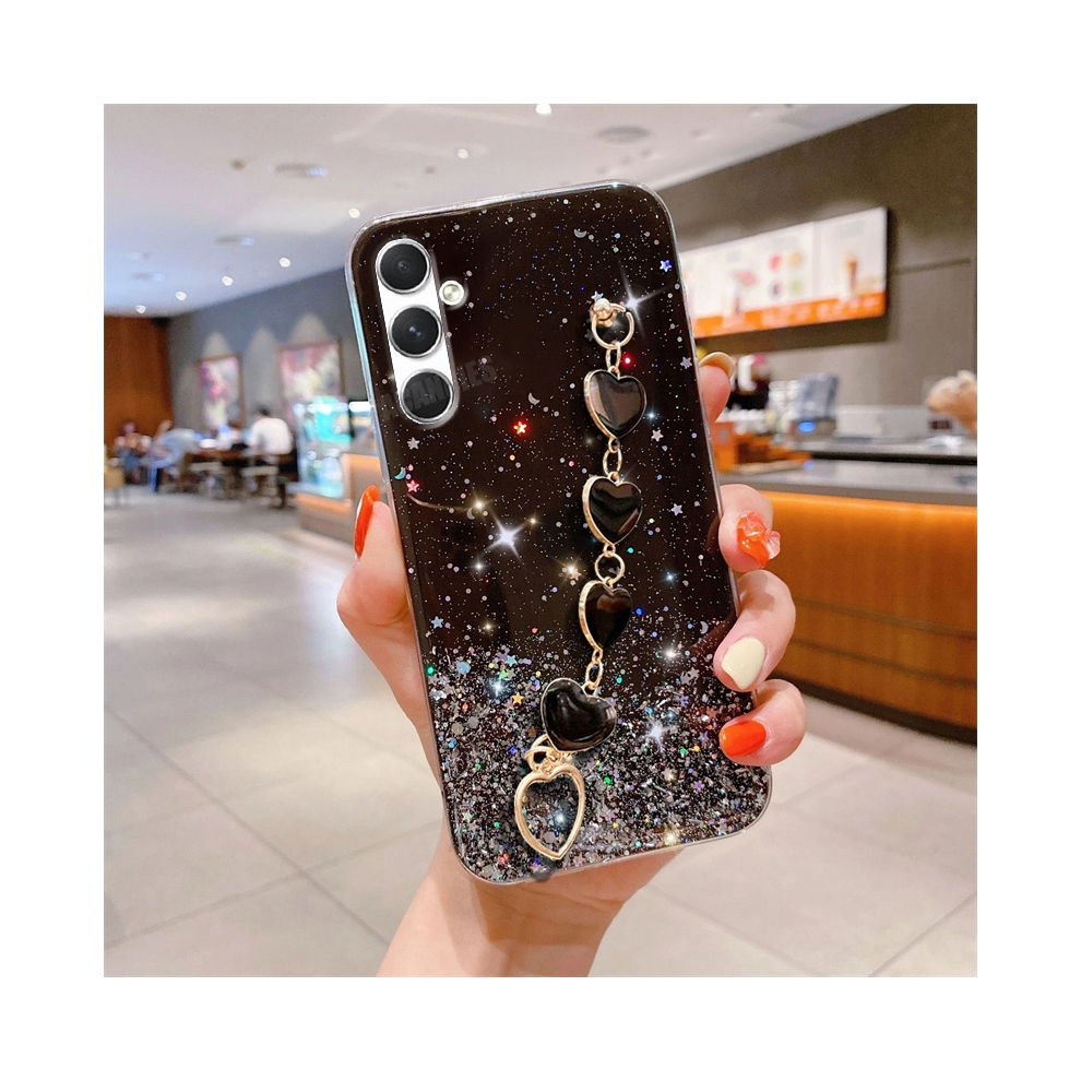 (Axsl A73 (4G 5G)) A 15 25 35 55 Love Heart Wrist Chain Glitter Case Black 931288086175