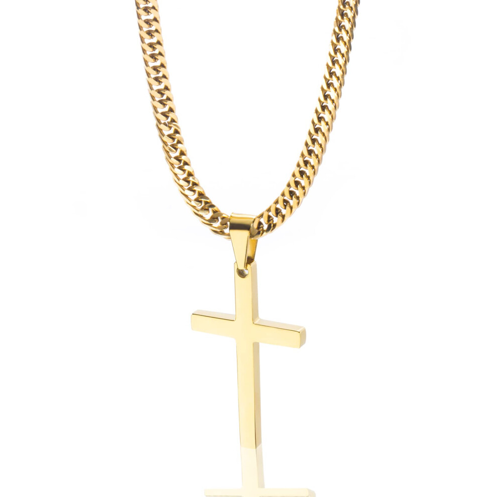 Tuewut Cross Necklace for Men  Silver Gold Stainless Steel Plain Cross Pendant Necklace for Men Cuban Chain 18-26 Inch 18.0 Inches  Gold