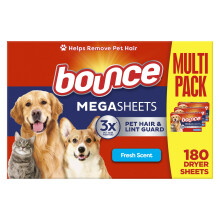 Bounce Pet Hair en Lint Guard Mega wasverzachter droogvellen met 3X Pet Hair Fighters frisse geur 180 stuks (verpakking kan zeer)