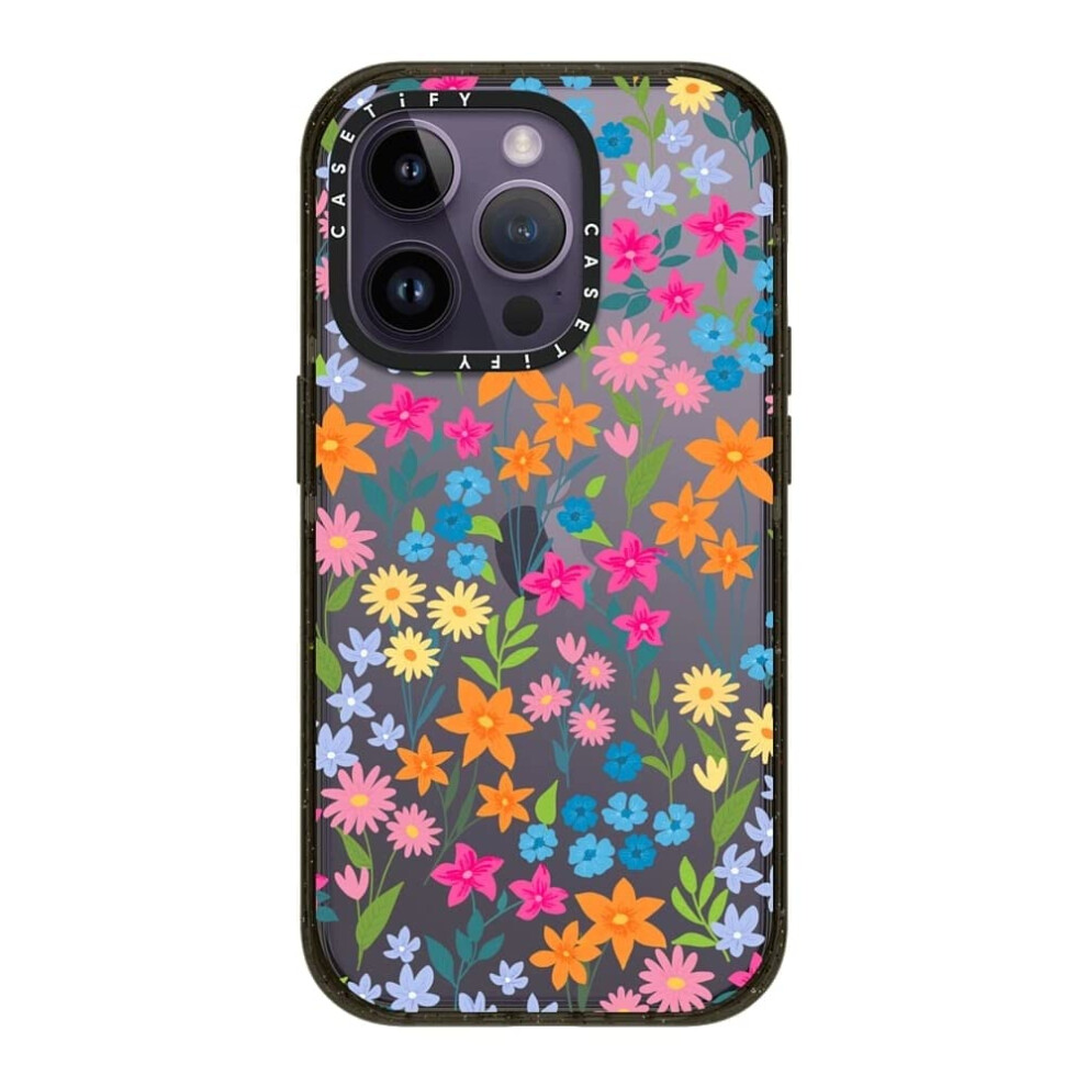 Coque Casetify Impact pour iPhone 14 Pro (4X) - Qualit militaire - Test e contre les chutes jusqu' 25 m - Motif marguerites - Noir brillant