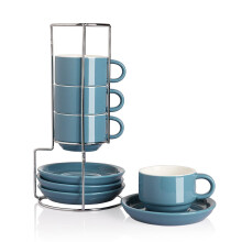 Sweejar porcelæn espresso kopper med tallerken 4 ounce stable cappuccino kopper med metalstativ til kaffedrikke latte te - sæt med 4 (tågeblå)