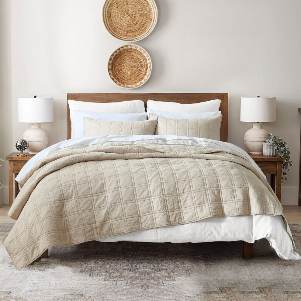 100 cotton Quilt Queen Size Beige Bedspread Pre-Washed 3-Piece cozy Lightweight Stitching Decorative Bedding cover coverlet Set with 2 Shams in geome
