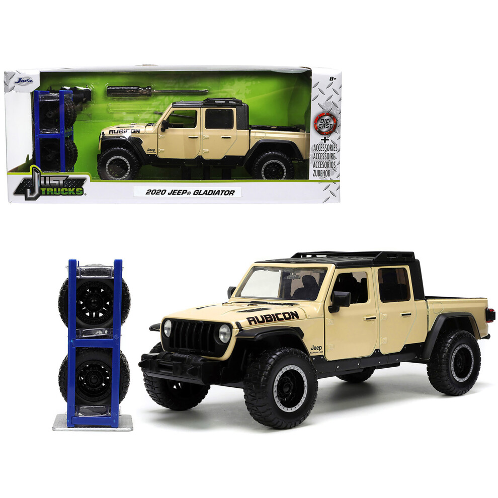 2020 Jeep Gladiator Rubicon Pickup Truck Cream with Roof Rack with Extra Wheels Just Trucks Series 1/24 Diecast Model Car by Jada