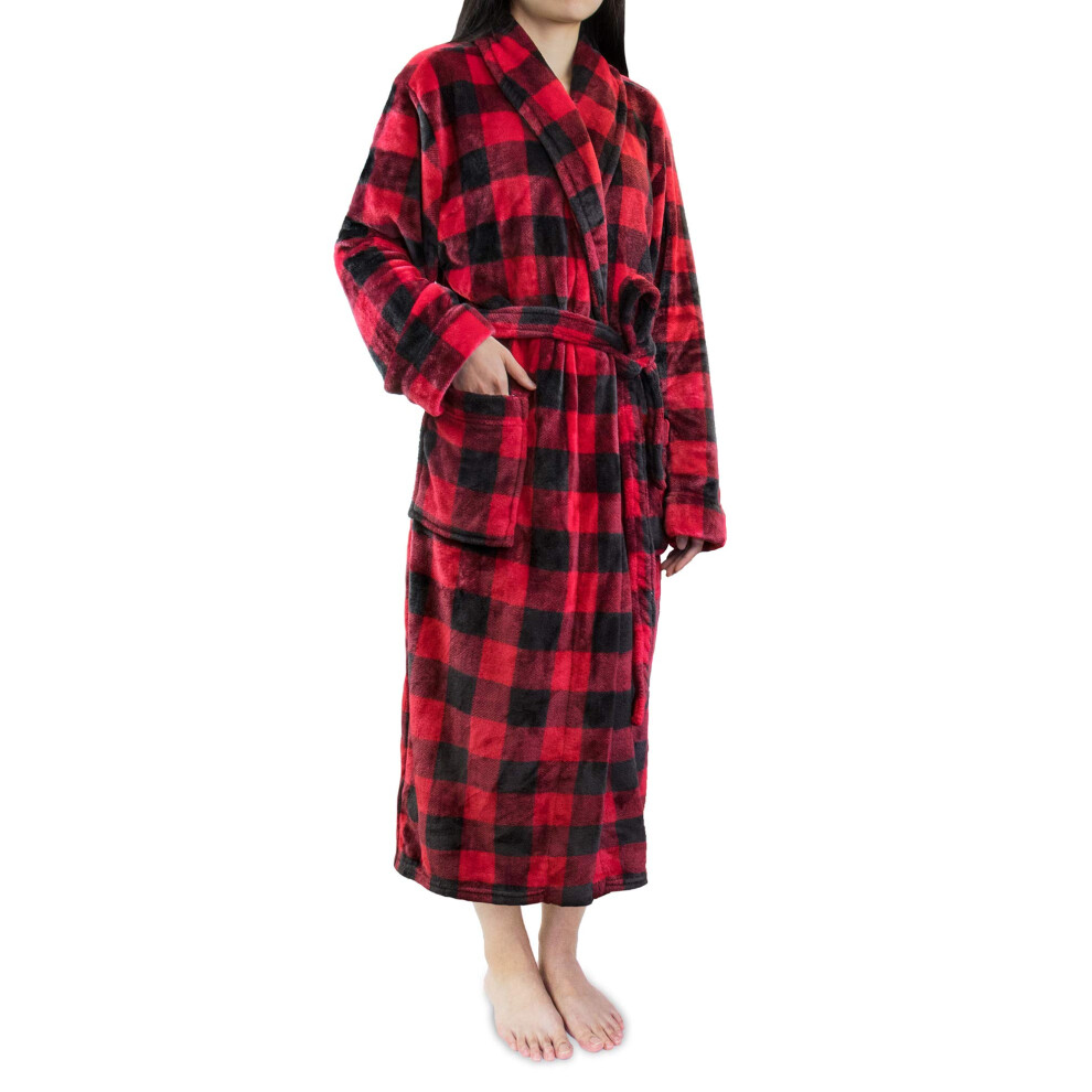 Peignoir en peluche PAVILIA pour femme | Peignoir doux et moelleux     carreaux Buffalo rouge et noir | Peignoir de spa luxueux et chaud, peignoir