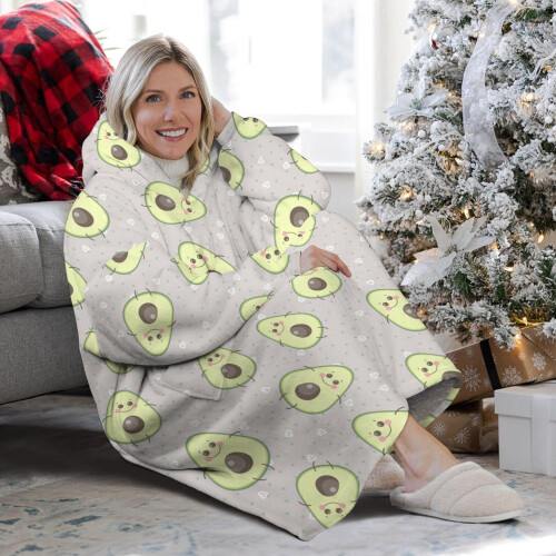 Coperta oversize indossabile Touchbetter Avocado Face Avocado, coperta in sherpa con cappuccio e tasche super, pullover super caldo e soffice per 2
