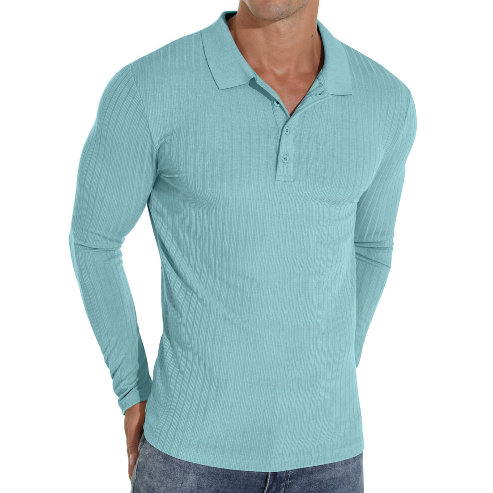 Polos Askdeer Para Hombre, Cl?Sicos, De Manga Larga, El?Sticos, Ajustados, Informales, Azul Claro-image