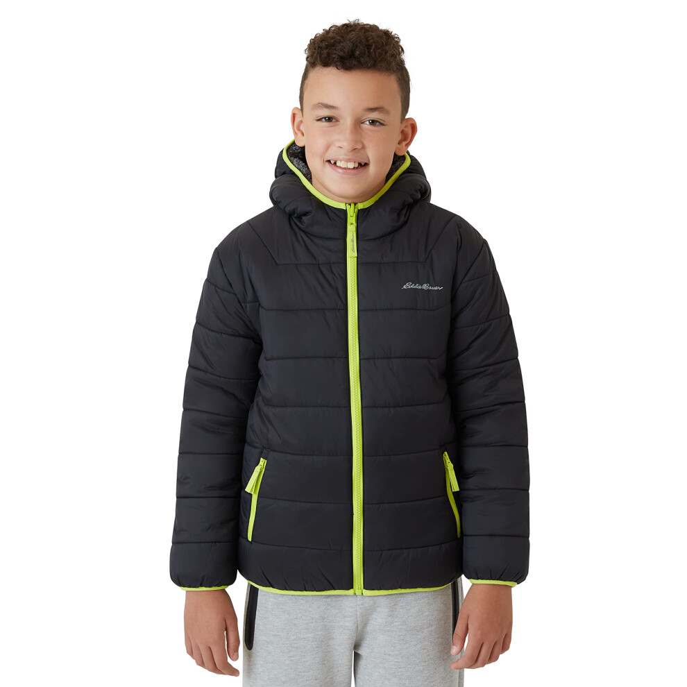 Eddie Bauer Boys' Reversible Jacket - Deer Harbor Waterproof Lightweight Puffer Coat with Faux Shearling Lining (5-20) Size 14-16 Black
