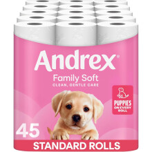 Andrex Family Soft Toilet Tissue 45 Rolls (Previously Andrex Gentle Clean) Gentle on your Familys skin Bulk Pack of 45 Toilet Rolls, FSC Certified