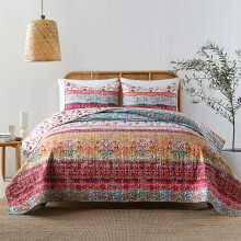 Boho Style King Quilt Set Reversible Bohemian Floral Strip Quilt Beddding Set Soft and Lightweight Bedspread for All Season Oversize King Bed Coverl