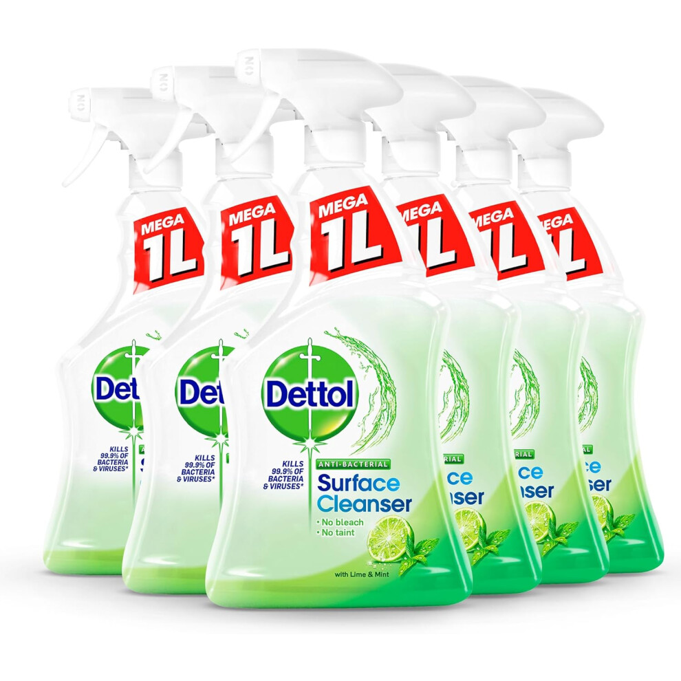 Dettol Antibacterial Disinfectant Spray Lime & Mint 6-Pack (6X1l) - All-Purpose Bathroom Cleaner, Household Cleaning Solution, 6L Total