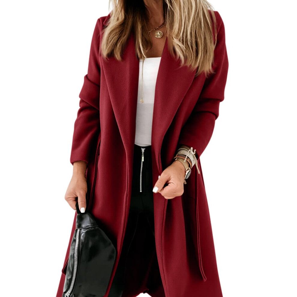 Manteau classique pour femme, veste longue ouverte sur le devant avec col     revers et ceinture