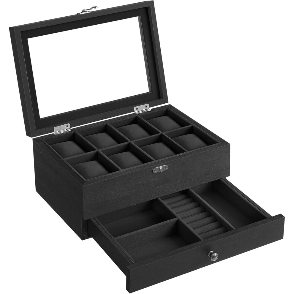 (Ink Black) Watch Box with 8 Slots, 2-Tier Wood Watch Case with Large Glass Lid, Watch Pillows, Velvet Lining, Jewellery Box, Gift for Loved Ones, Ink Black