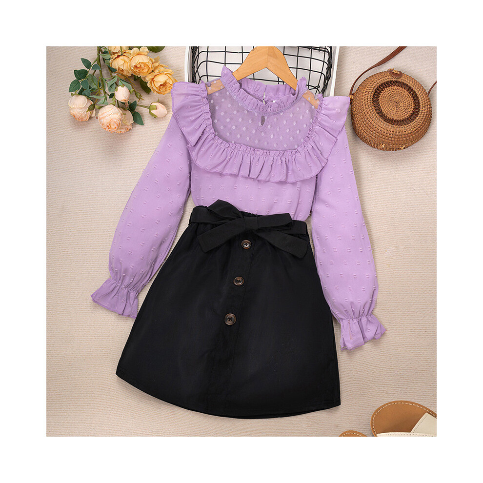 (Violet, 140cm) Girls Spring Trendy Fashion Set With Long Sleeve Polka Dot Top And Skirt Designed For Ages Eight And Older-image-OPC-PGF6RF8-NEW