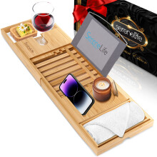 SereneLife Bamboo Bathtub Caddy with Luxury Gift Box and Red Gifting Ribbon Extendable & Adjustable Tray with Device/Book Holder with Removable Trays