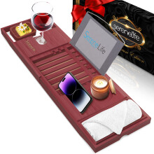 SereneLife Bamboo Bathtub Caddy with Luxury Gift Box and Red Gifting Ribbon Extendable & Adjustable Tray with Device/Book Holder with Removable Trays
