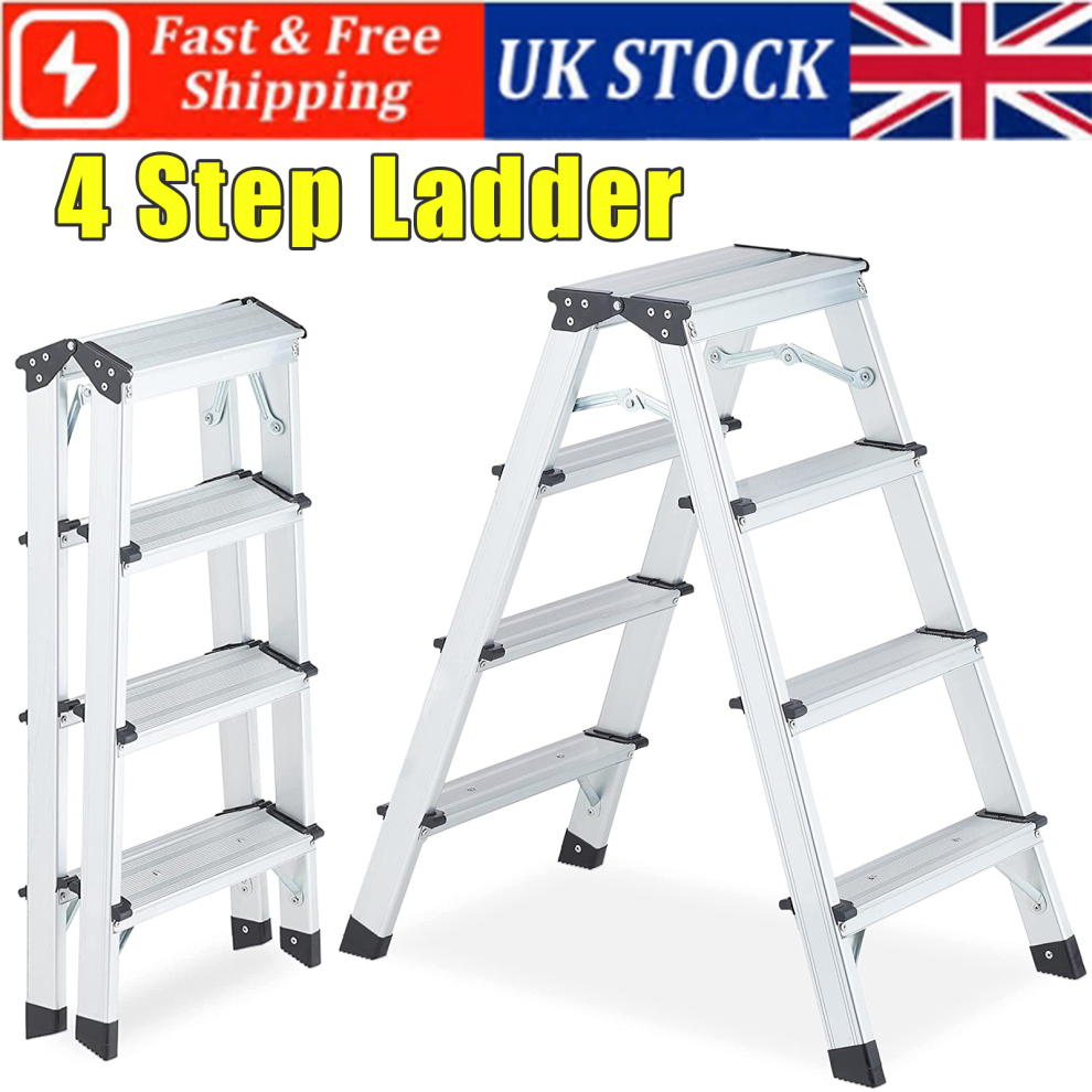 4 Step Ladder Foldable Double Aluminium Safety Non-Slip Tread Step UK