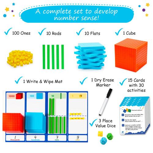 Simply magic 141 PCS Base Ten Blocks for Math - Math Manipulatives K-3 Unit Blocks 1st 2nd 3rd Grade Counting Blocks - Kindergarten Set Math B 1